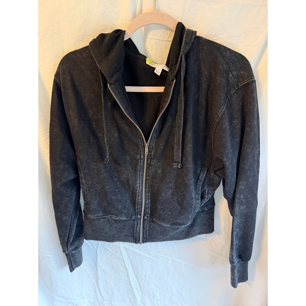 Hippie Rose Mineral Wash ZipUp Hoodie Faded Black Cropped Sweatshirt Women Small